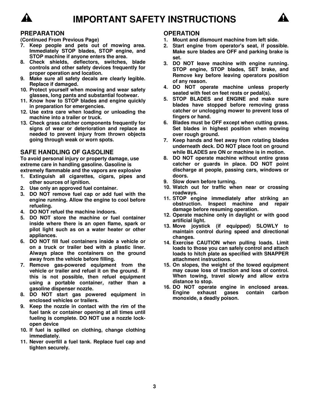 Snapper EYZ16335BVE important safety instructions Safe Handling of Gasoline, Operation 