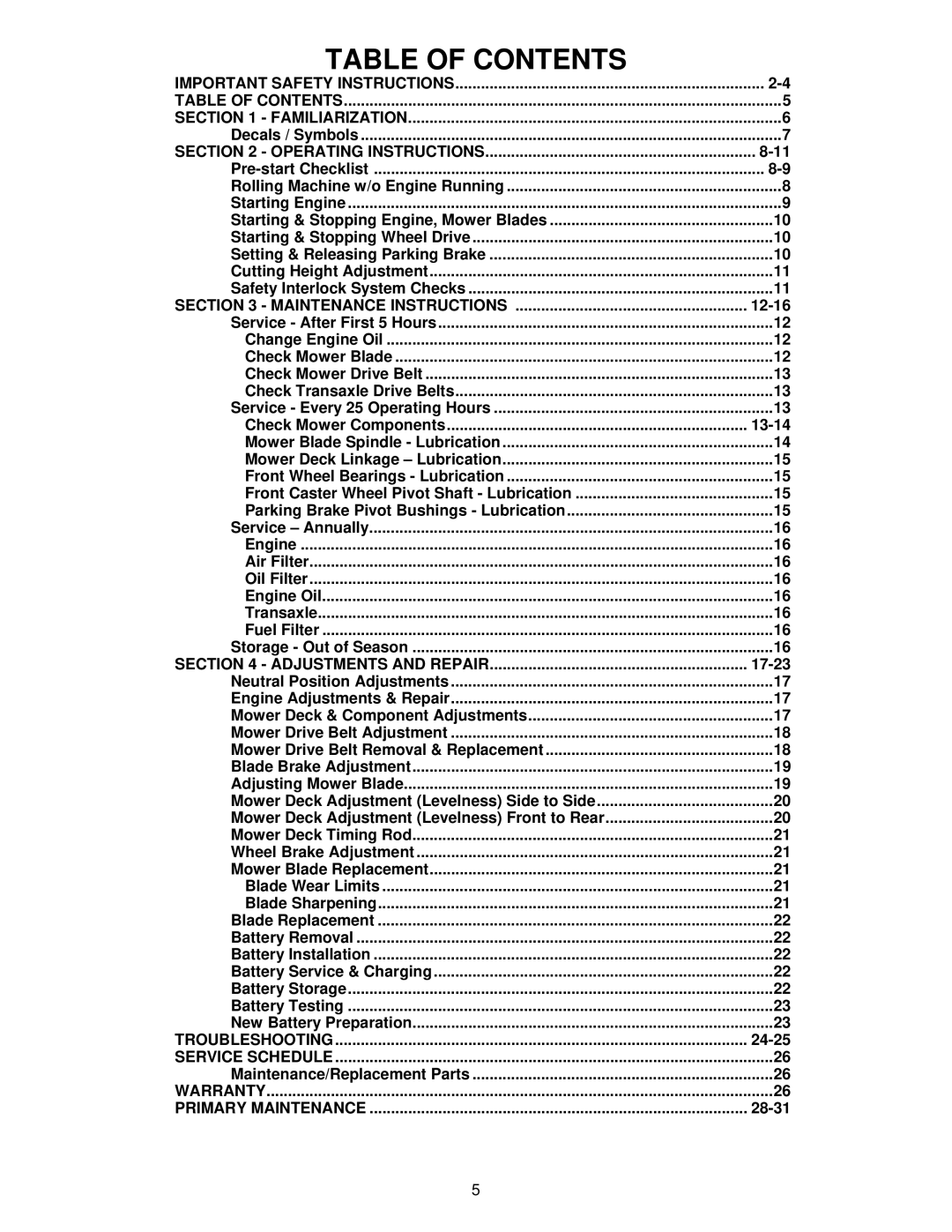 Snapper EYZ16335BVE important safety instructions Table of Contents 