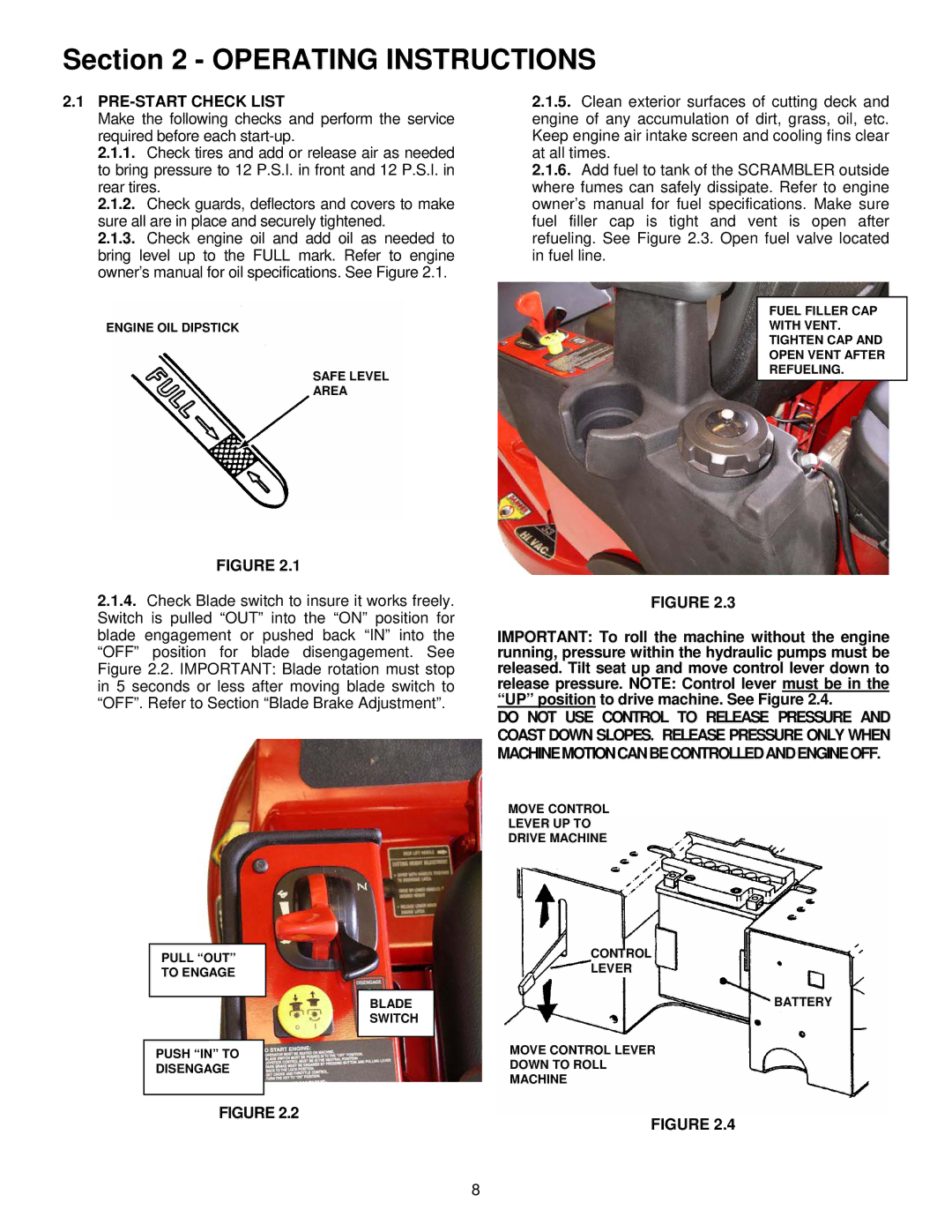 Snapper EYZ16335BVE important safety instructions Operating Instructions, PRE-START Check List 