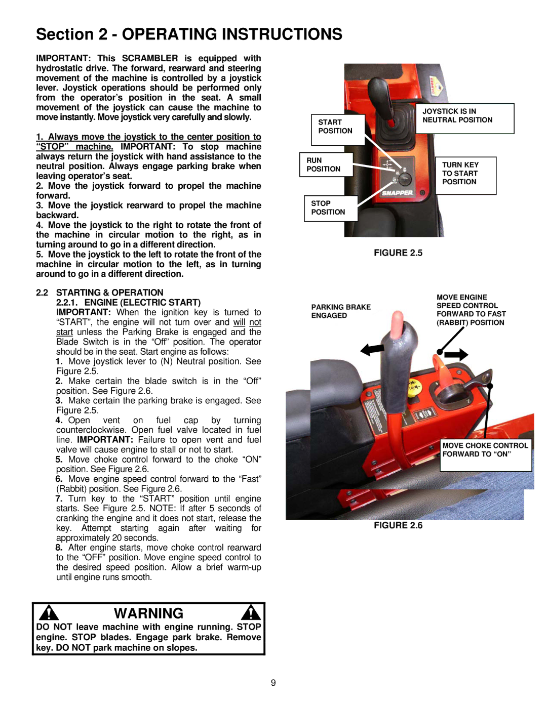 Snapper EYZ16335BVE important safety instructions Starting & Operation Engine Electric Start 