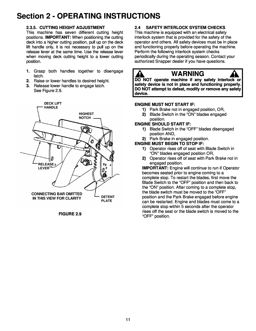 Snapper EYZ16335BVE important safety instructions Operating Instructions, Cutting Height Adjustment 