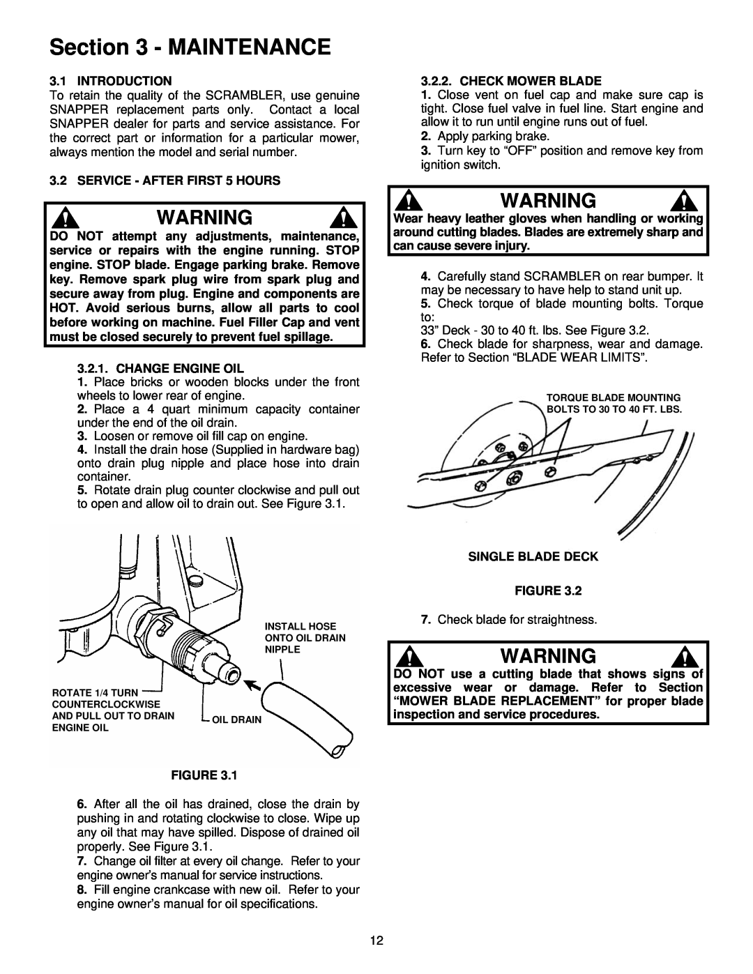 Snapper EYZ16335BVE important safety instructions Maintenance 