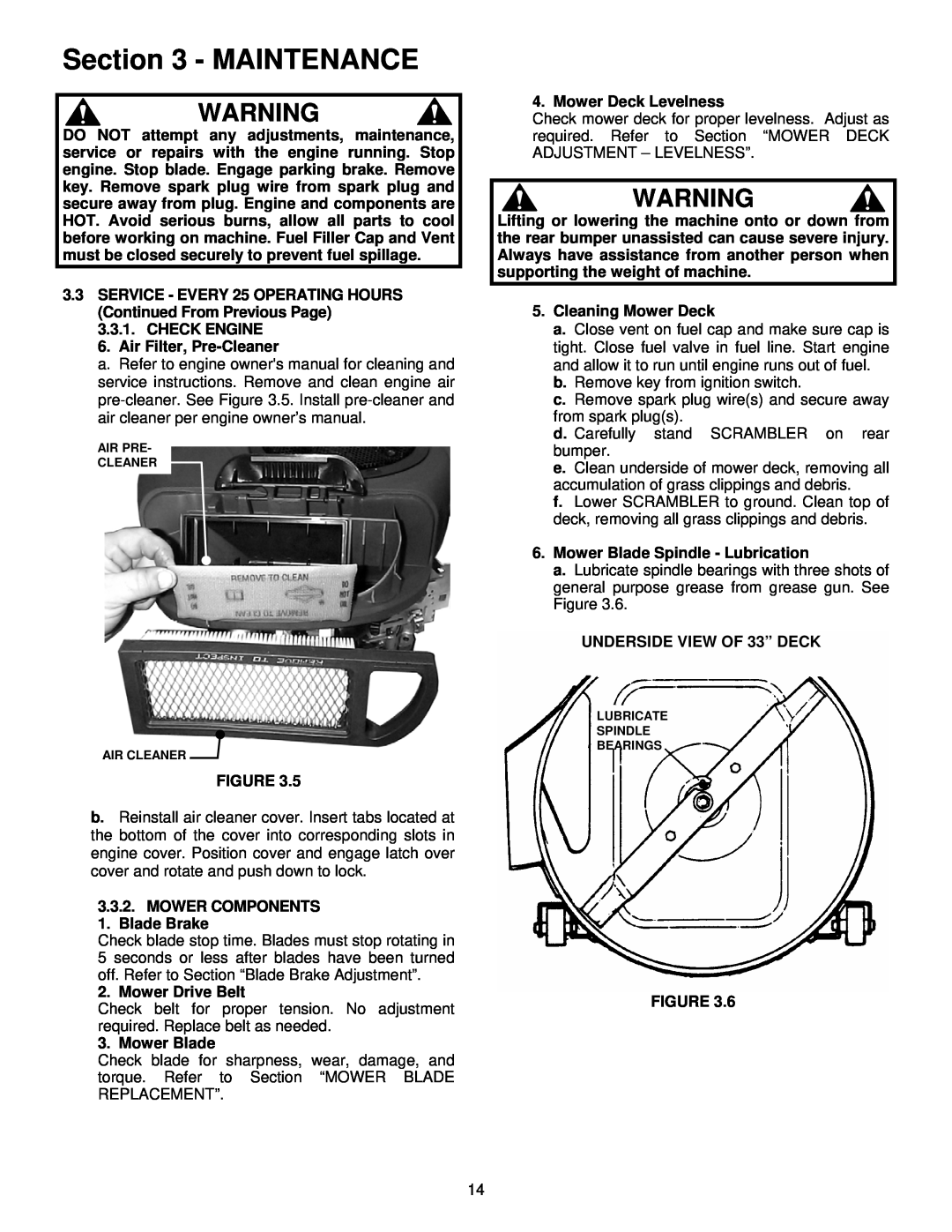 Snapper EYZ16335BVE important safety instructions Maintenance, CHECK ENGINE 6. Air Filter, Pre-Cleaner 
