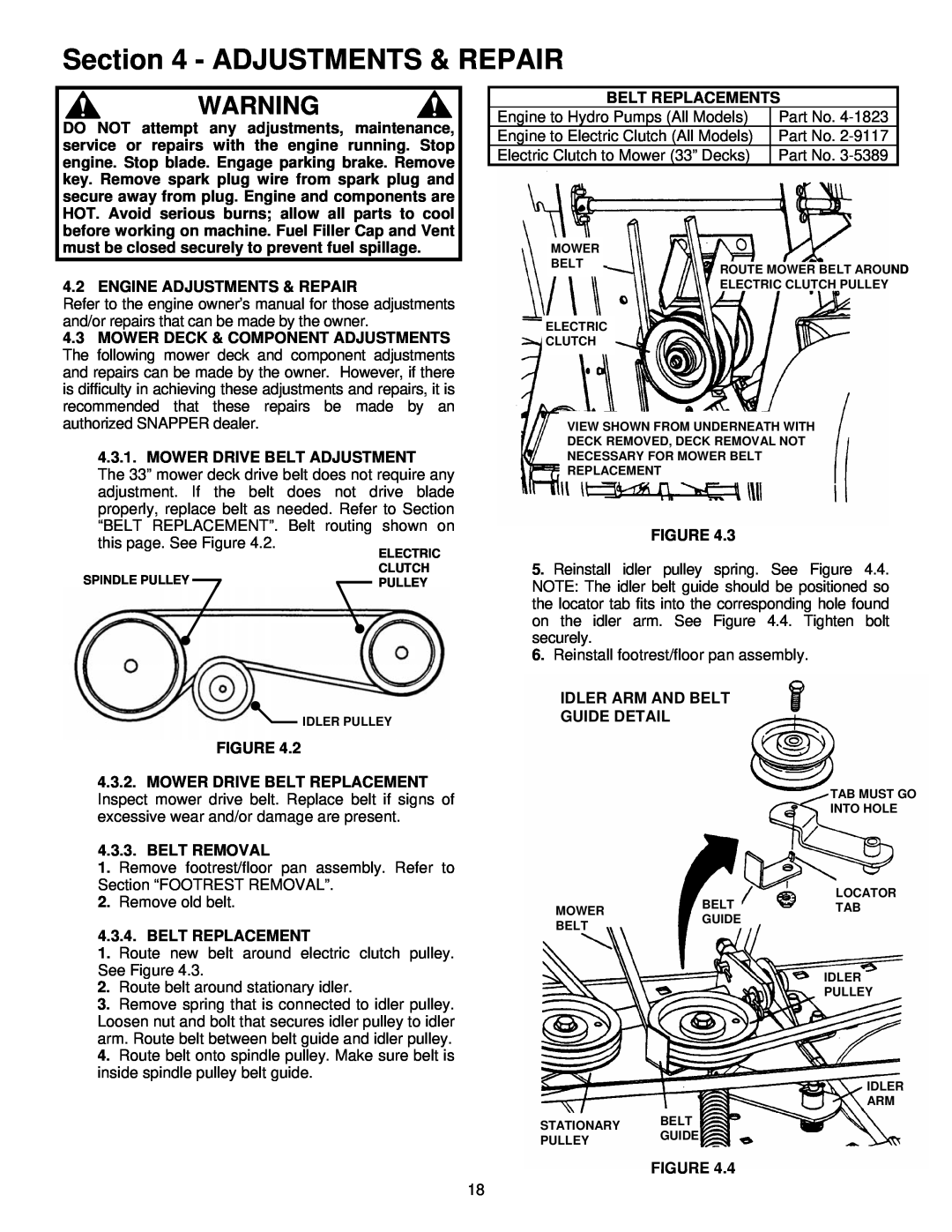 Snapper EYZ16335BVE important safety instructions Engine Adjustments & Repair 