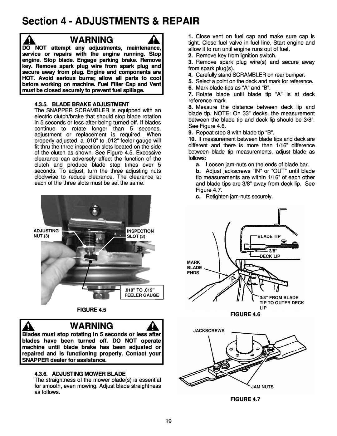 Snapper EYZ16335BVE important safety instructions Adjustments & Repair, Blade Brake Adjustment, Adjusting Mower Blade 