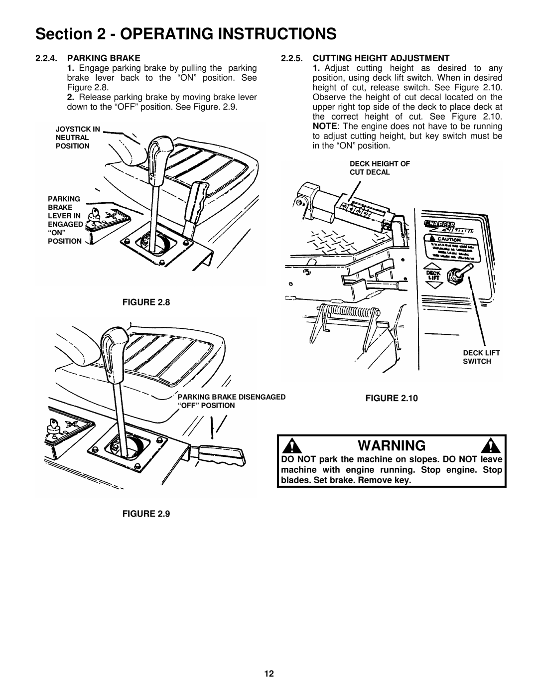 Snapper EZF2100DKU, EZF2300GKU, EZF5200M, EZF6100M important safety instructions Parking Brake, Cutting Height Adjustment 