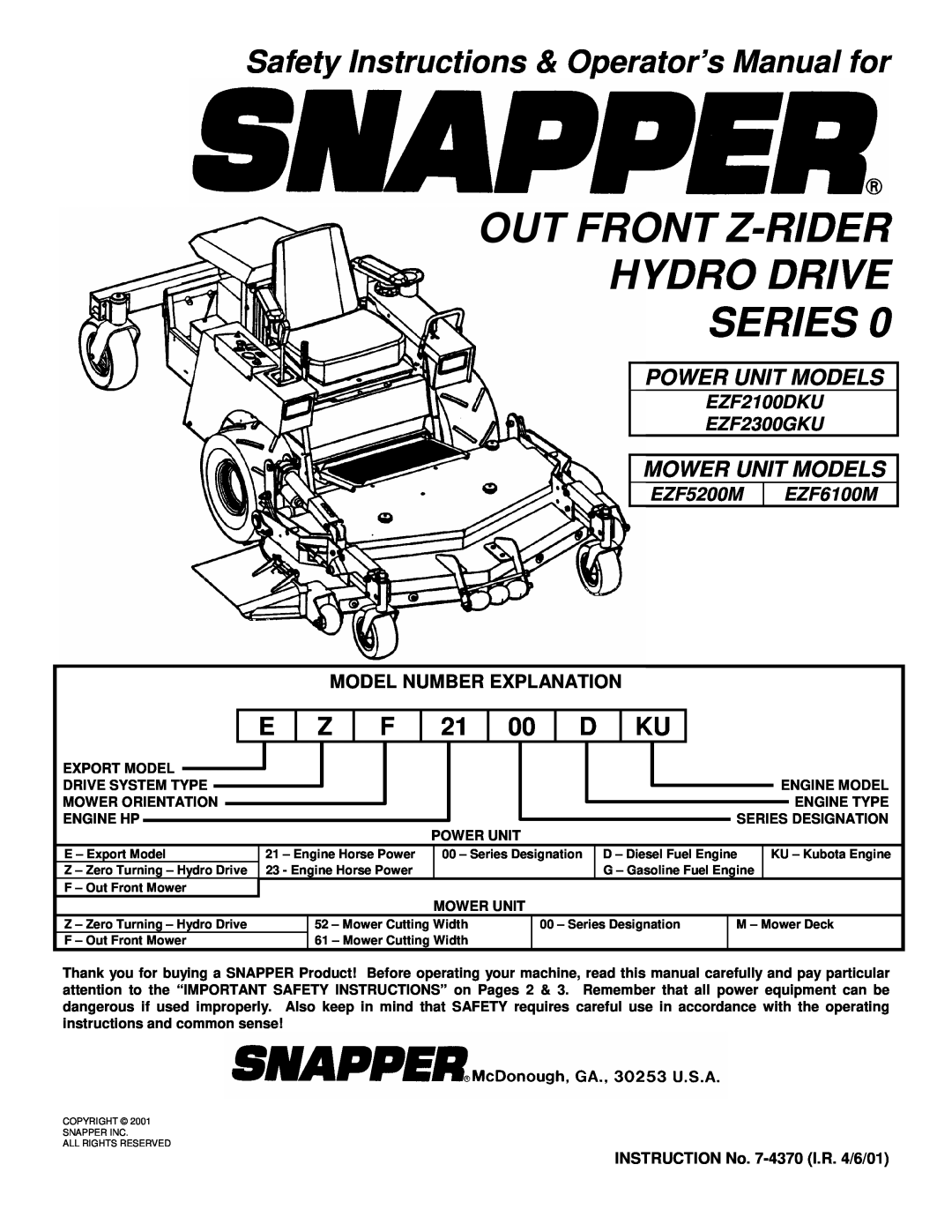 Snapper EZF6100M, EZF2100DKU, EZF2300GKU, EZF5200M important safety instructions Out Front Z-Rider Hydro Drive Series 