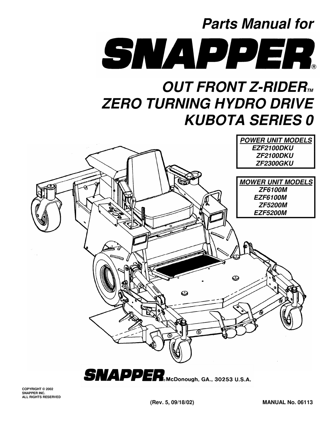 Snapper EZF5200M, EZF6100M, EZF2100DKU, ZF2300GKU manual OUT Front Z-RIDERTM Zero Turning Hydro Drive Kubota Series 