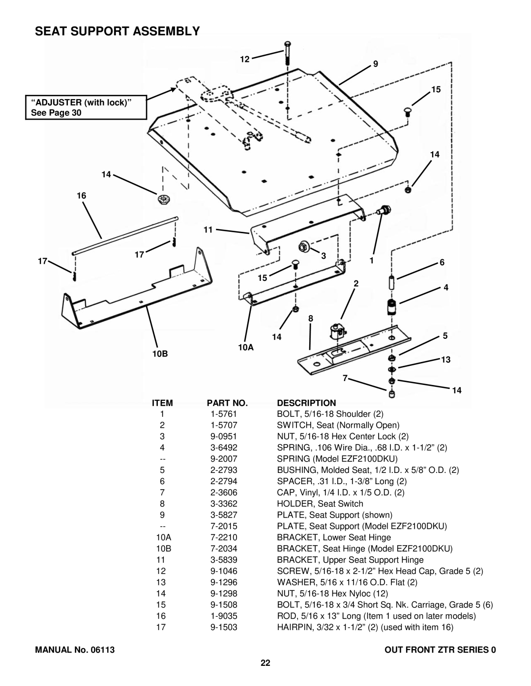 Snapper ZF2300GKU, EZF6100M, EZF5200M, EZF2100DKU manual Seat Support Assembly 