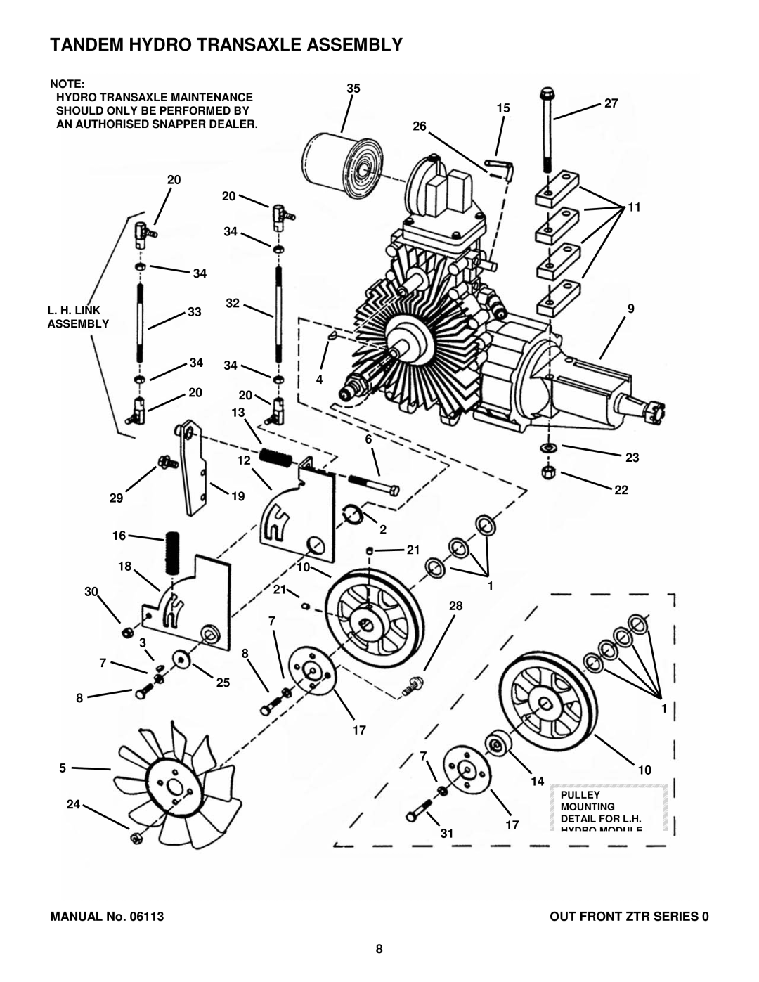 Snapper EZF2100DKU, EZF6100M, EZF5200M, ZF2300GKU manual Tandem Hydro Transaxle Assembly 