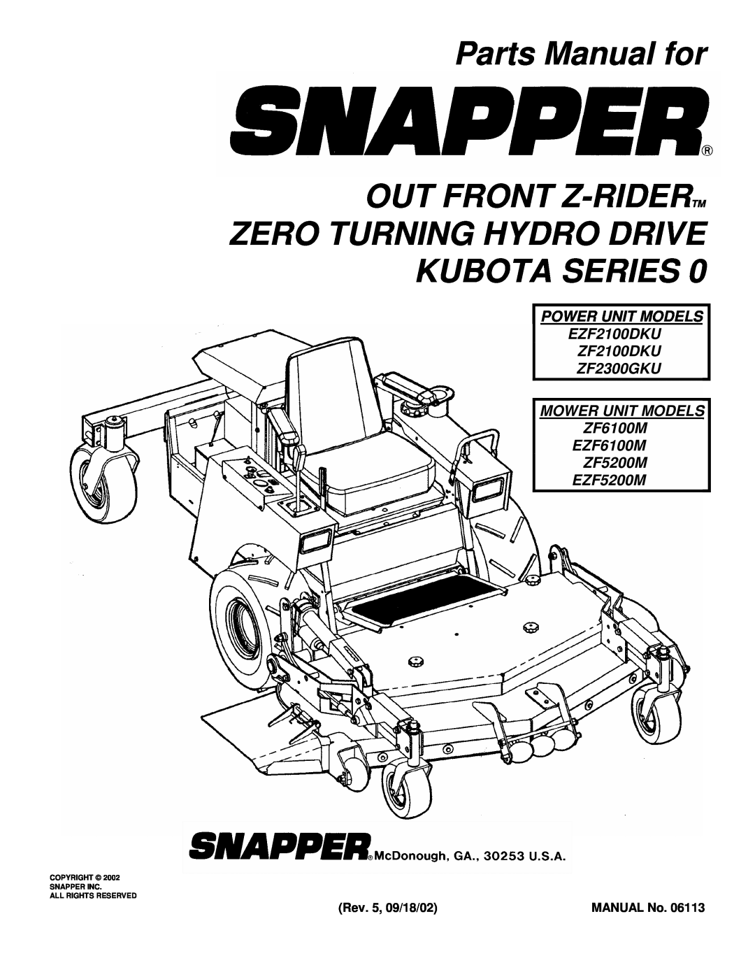 Snapper EZF5200M, EZF6100M, EZF2100DKU manual Parts Manual for OUT FRONT Z-RIDERTM, Zero Turning Hydro Drive Kubota Series 