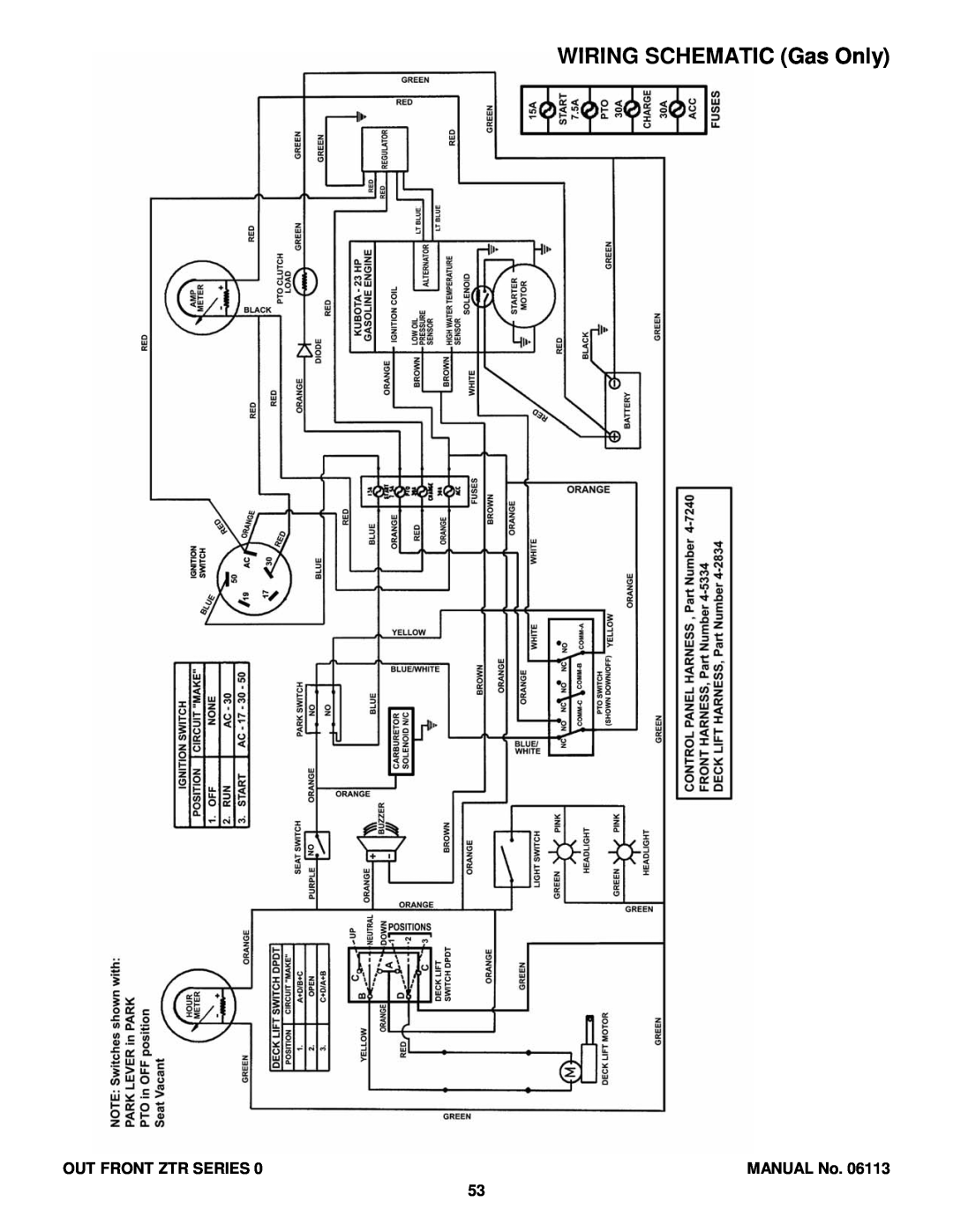 Snapper EZF6100M, EZF5200M, EZF2100DKU, ZF2300GKU manual WIRING SCHEMATIC Gas Only, Out Front Ztr Series 