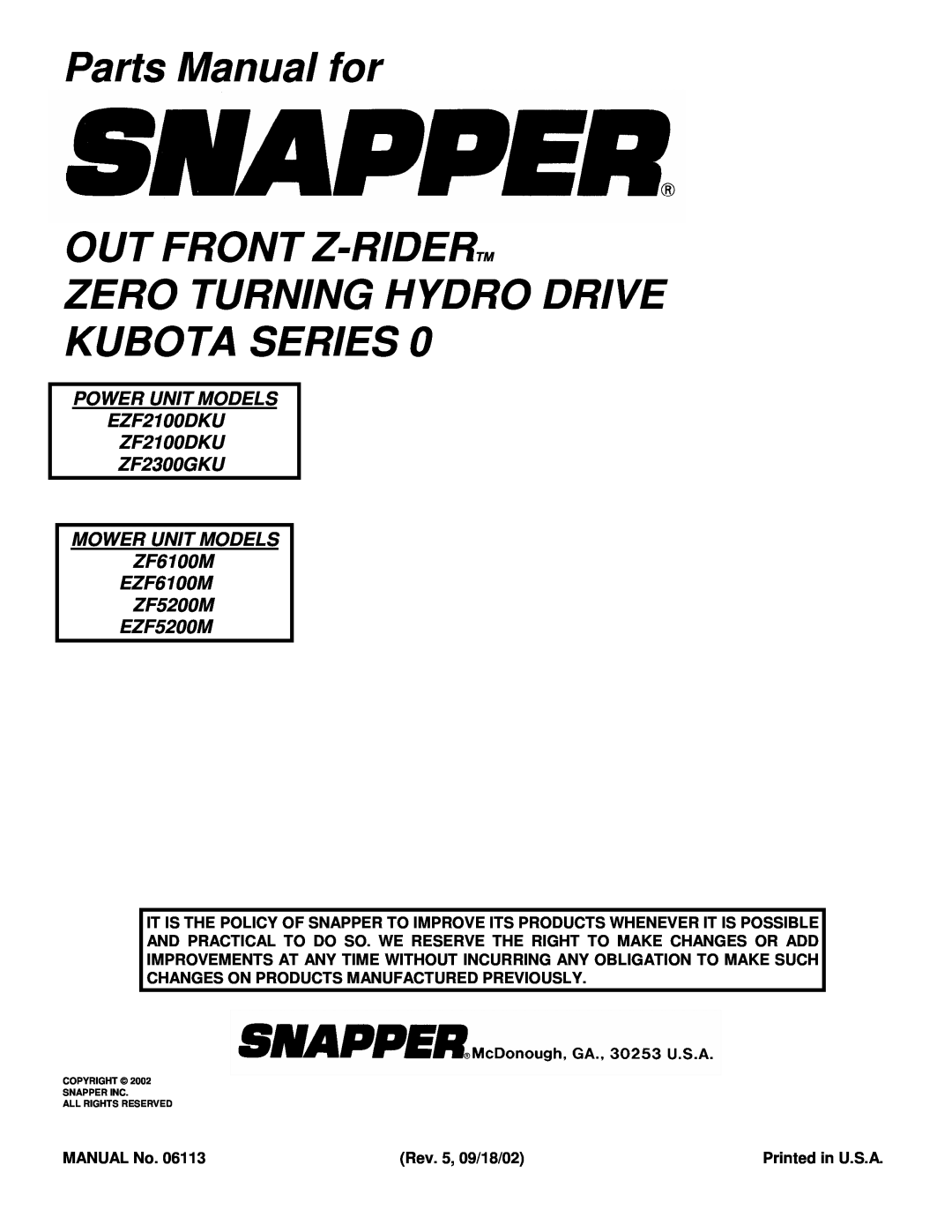 Snapper EZF2100DKU, EZF6100M manual Parts Manual for OUT FRONT Z-RIDERTM, Zero Turning Hydro Drive Kubota Series, EZF5200M 