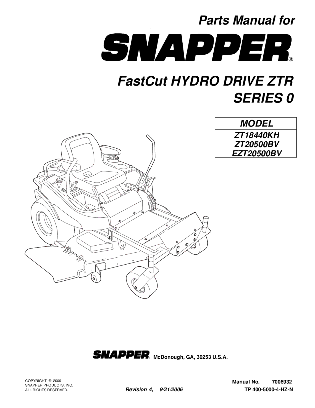 Snapper EZT20500BV, ZT18440KH manual FastCut Hydro Drive ZTR Series 