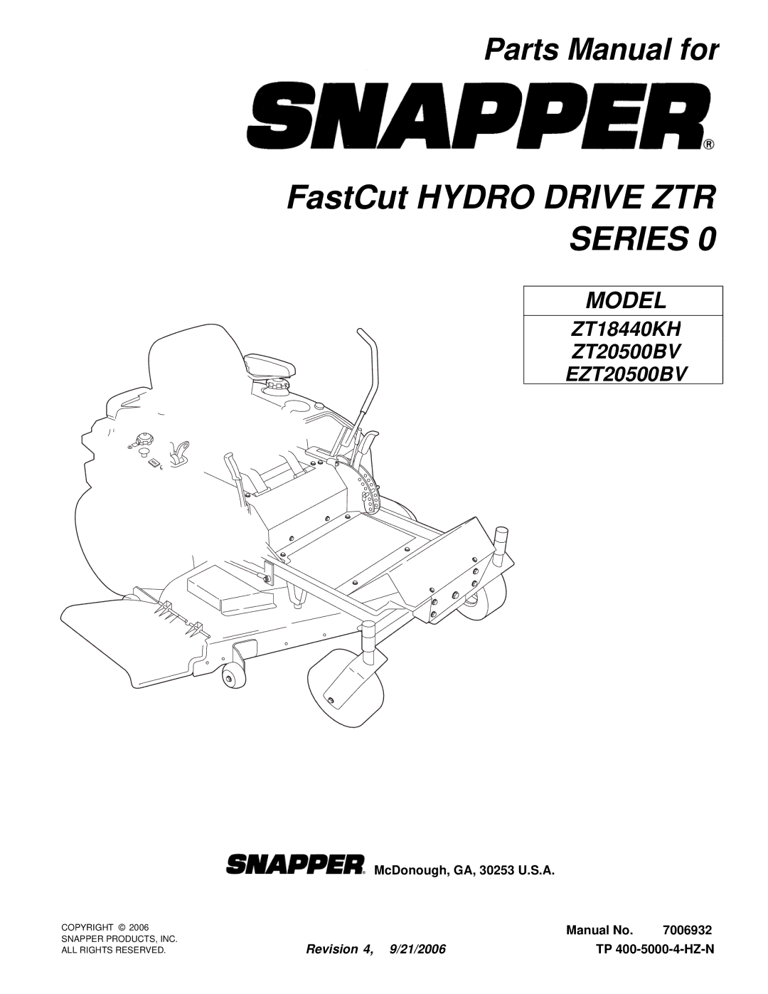 Snapper ZT18440KH, EZT20500BV manual 