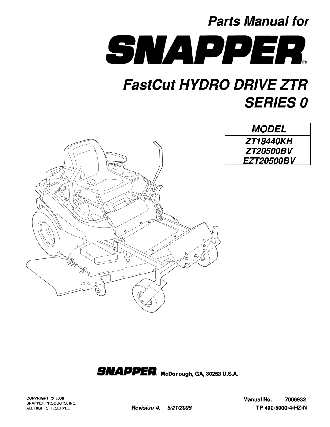 Snapper manual Parts Manual for, FastCut HYDRO DRIVE ZTR SERIES, Model, ZT18440KH ZT20500BV EZT20500BV, Manual No 