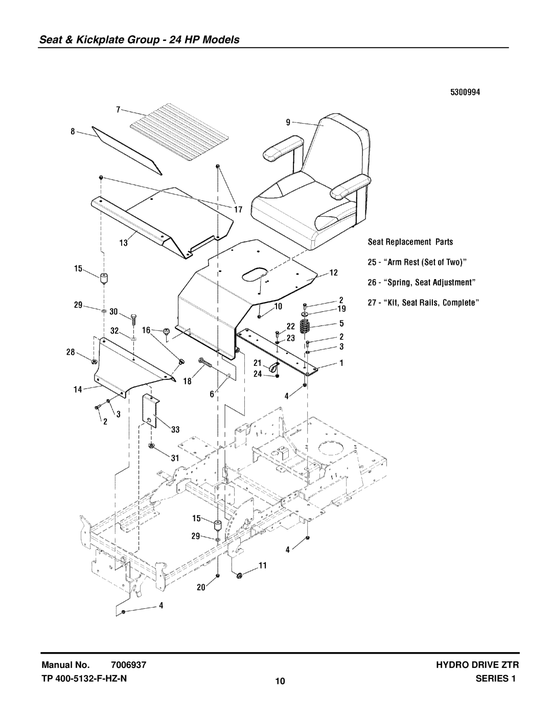 Snapper EZT20501BV (5901166), 400ZB2450 (5900706), ZT20501BV (5900610) manual Seat & Kickplate Group 24 HP Models 