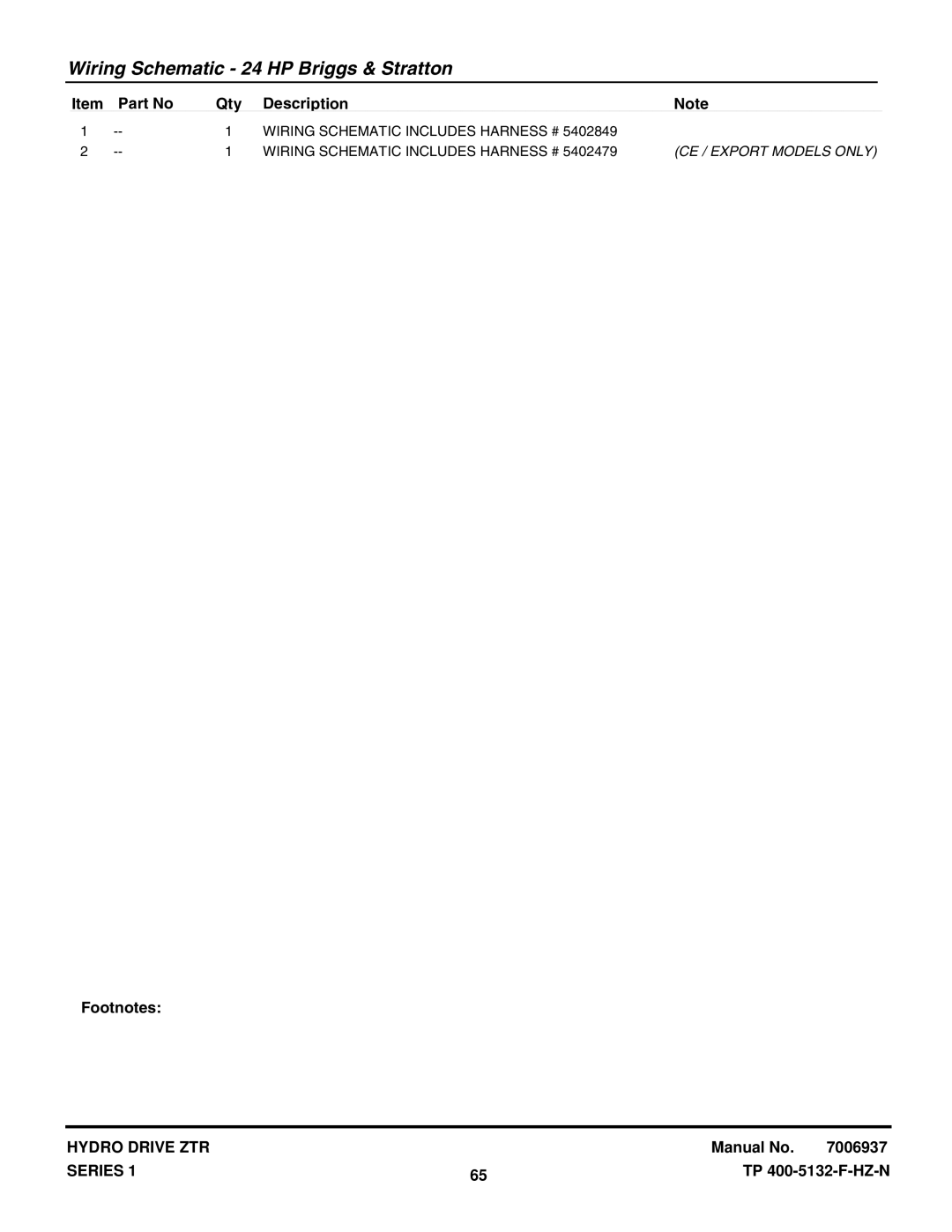 Snapper EZT20501BV (5901166), 400ZB2450 (5900706), ZT20501BV (5900610) manual Wiring Schematic Includes Harness # 