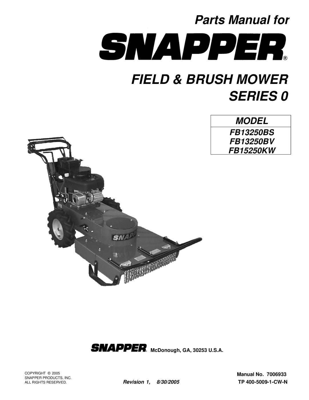 Snapper FB13250BS, FB13250BVFB15250KW manual Field & Brush Mower Series 