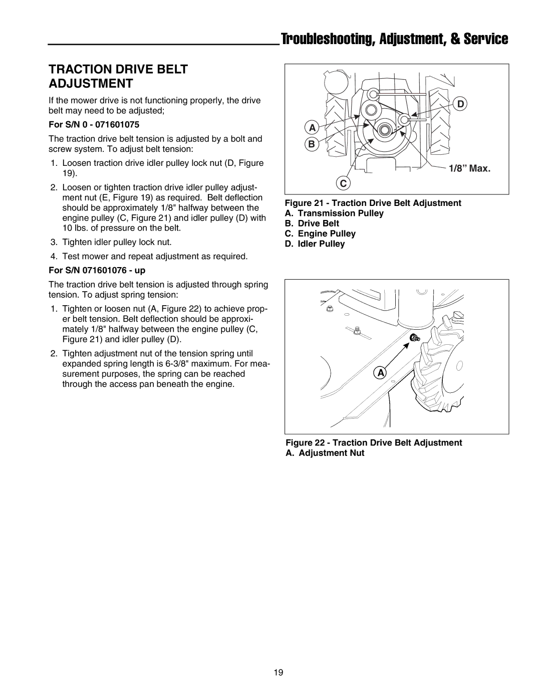 Snapper FB13250BS, GM2515KAW, GM2513H manual Traction Drive Belt Adjustment, For S/N 071601076 up 