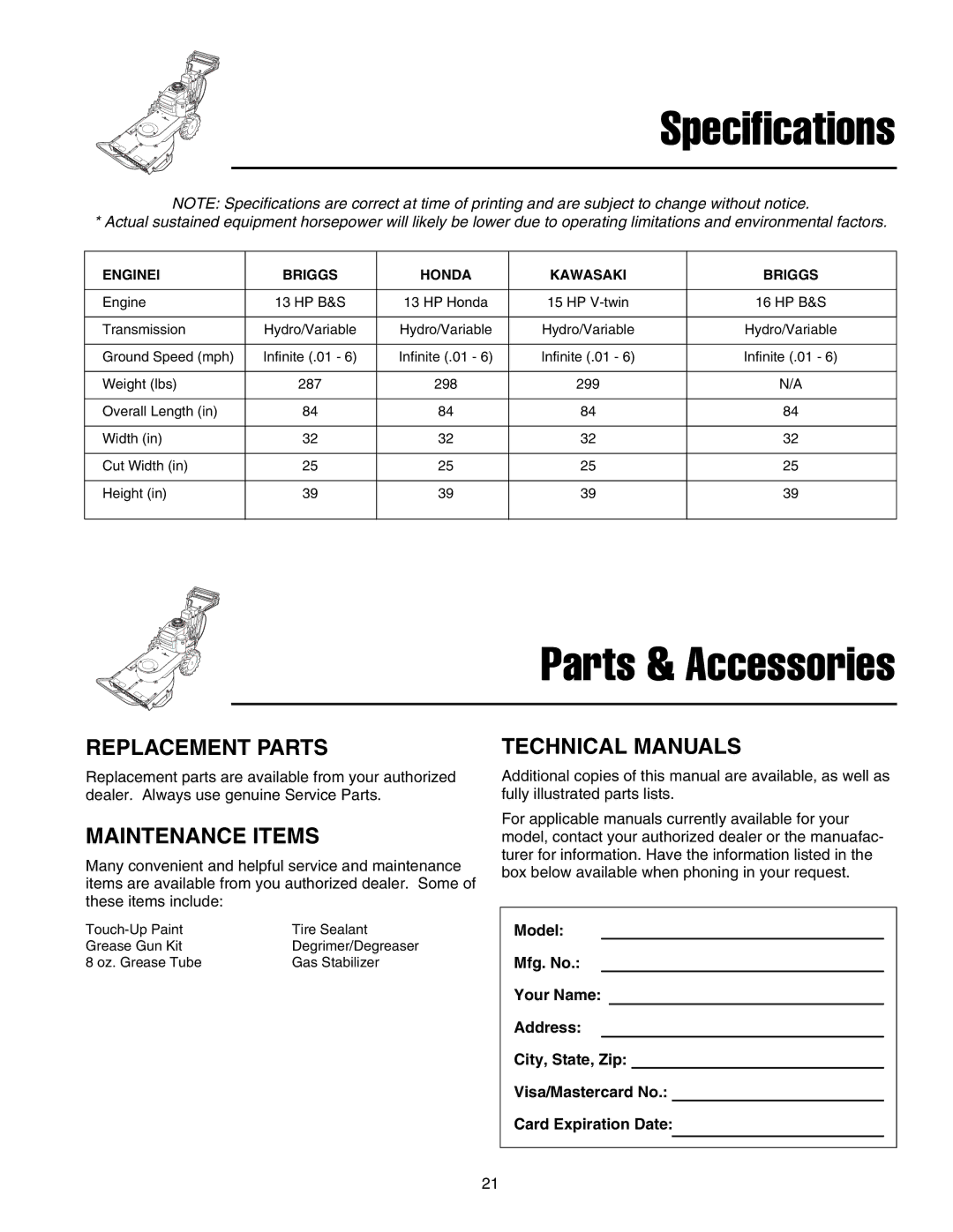 Snapper FB13250BS, GM2515KAW, GM2513H manual Specifications, Replacement Parts, Maintenance Items, Technical Manuals 