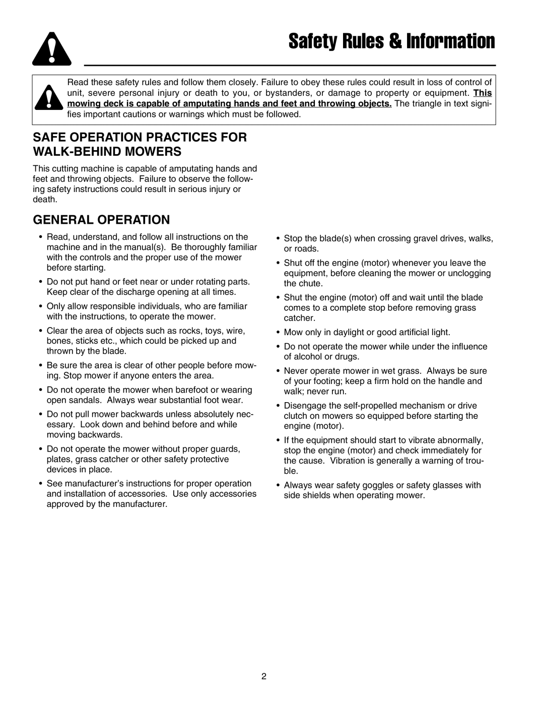 Snapper FB13250BS, GM2515KAW, GM2513H manual Safe Operation Practices for WALK-BEHIND Mowers, General Operation 