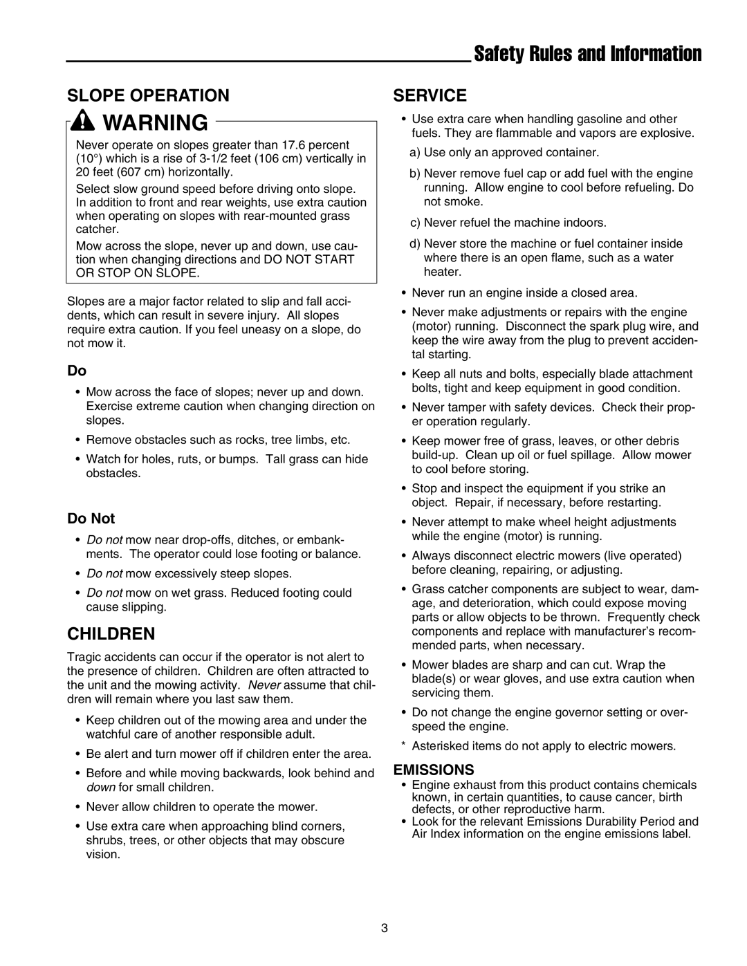 Snapper FB13250BS, GM2515KAW, GM2513H manual Safety Rules and Information, Slope Operation, Children, Service, Do Not 