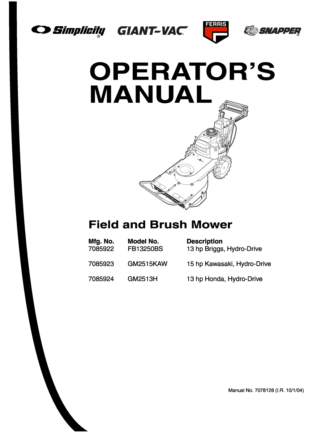 Snapper FB13250BS, GM2515KAW, GM2513H manual Mfg. No, Model No, Description, Operator’S Manual, Field and Brush Mower 