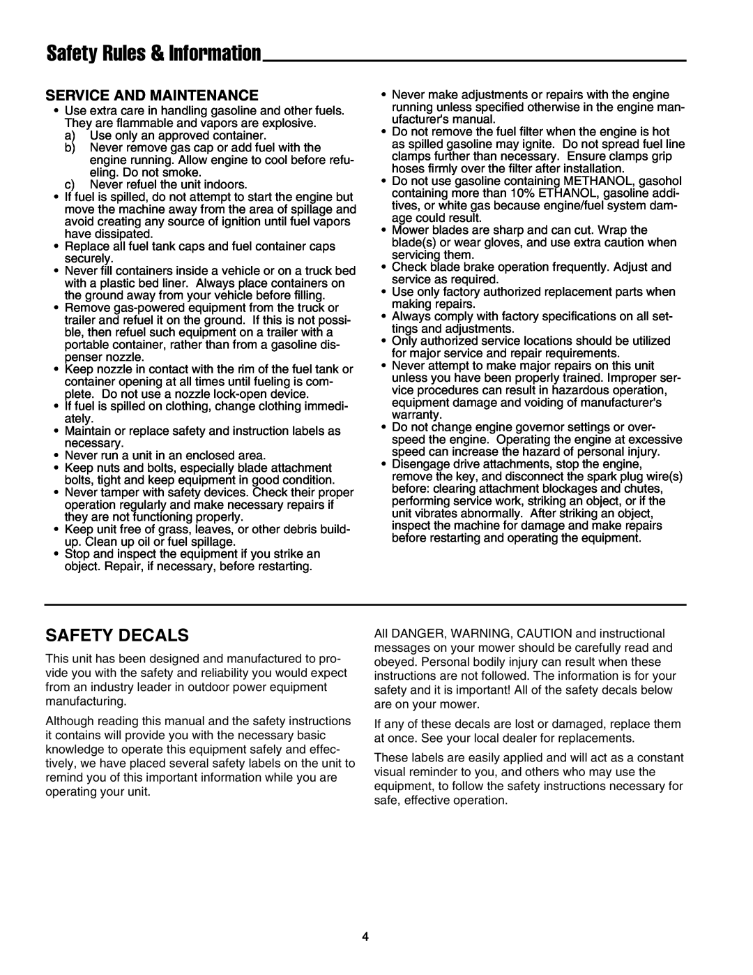 Snapper FB13250BS, GM2515KAW, GM2513H manual Safety Rules & Information, Safety Decals, Service And Maintenance 
