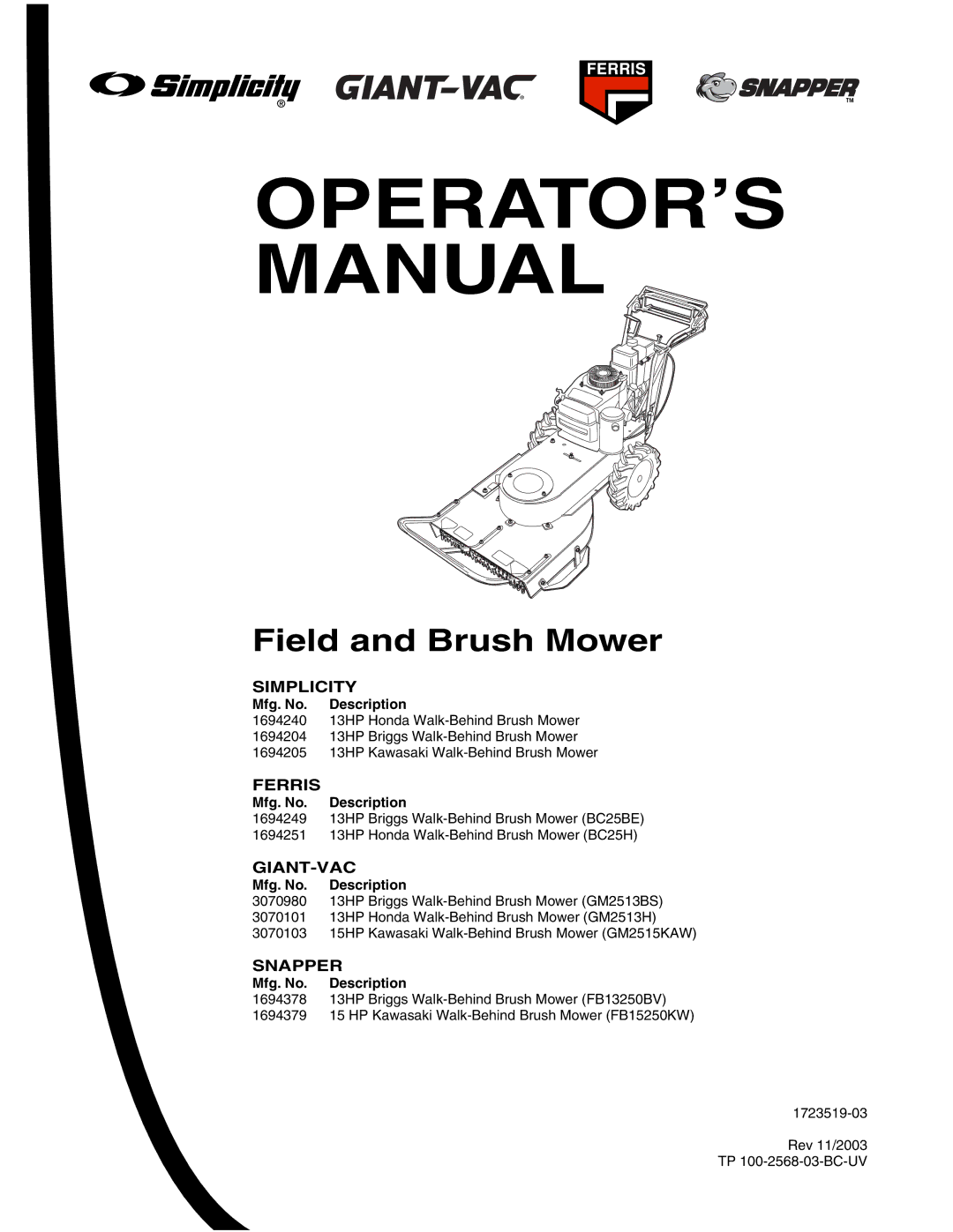 Snapper BC25BE, FB15250KW, BC25H, GM2515KAW, GM2513H, GM2513BS manual OPERATOR’S Manual 