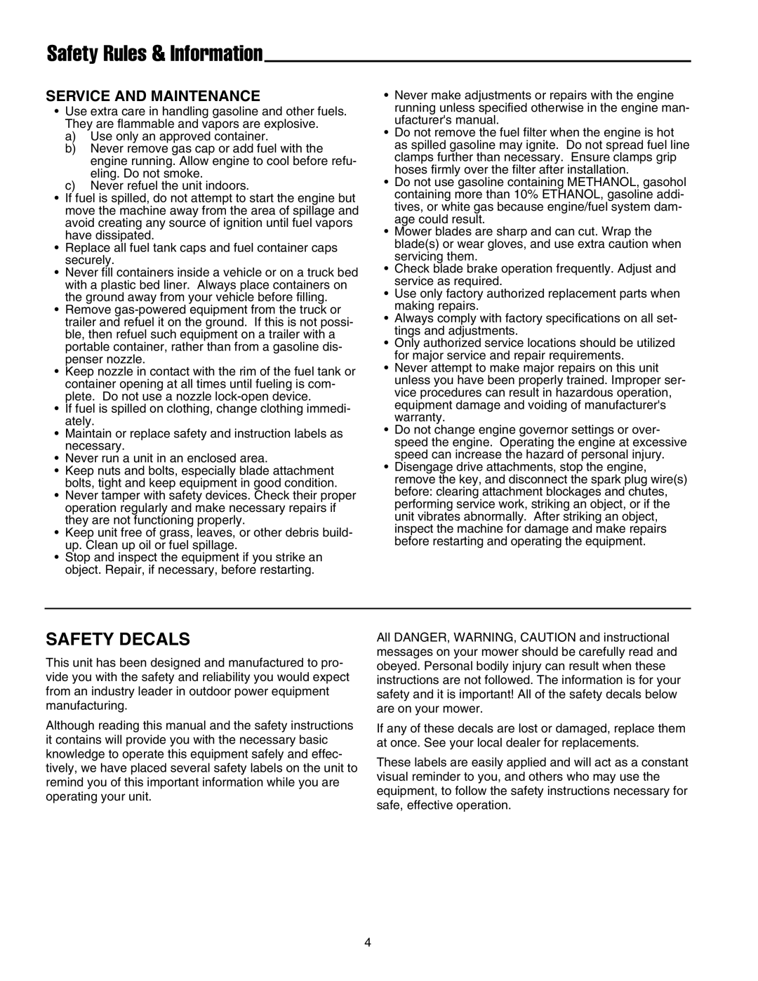 Snapper GM2513BS, FB15250KW, BC25BE, BC25H, GM2515KAW, GM2513H manual Safety Rules & Information, Safety Decals 