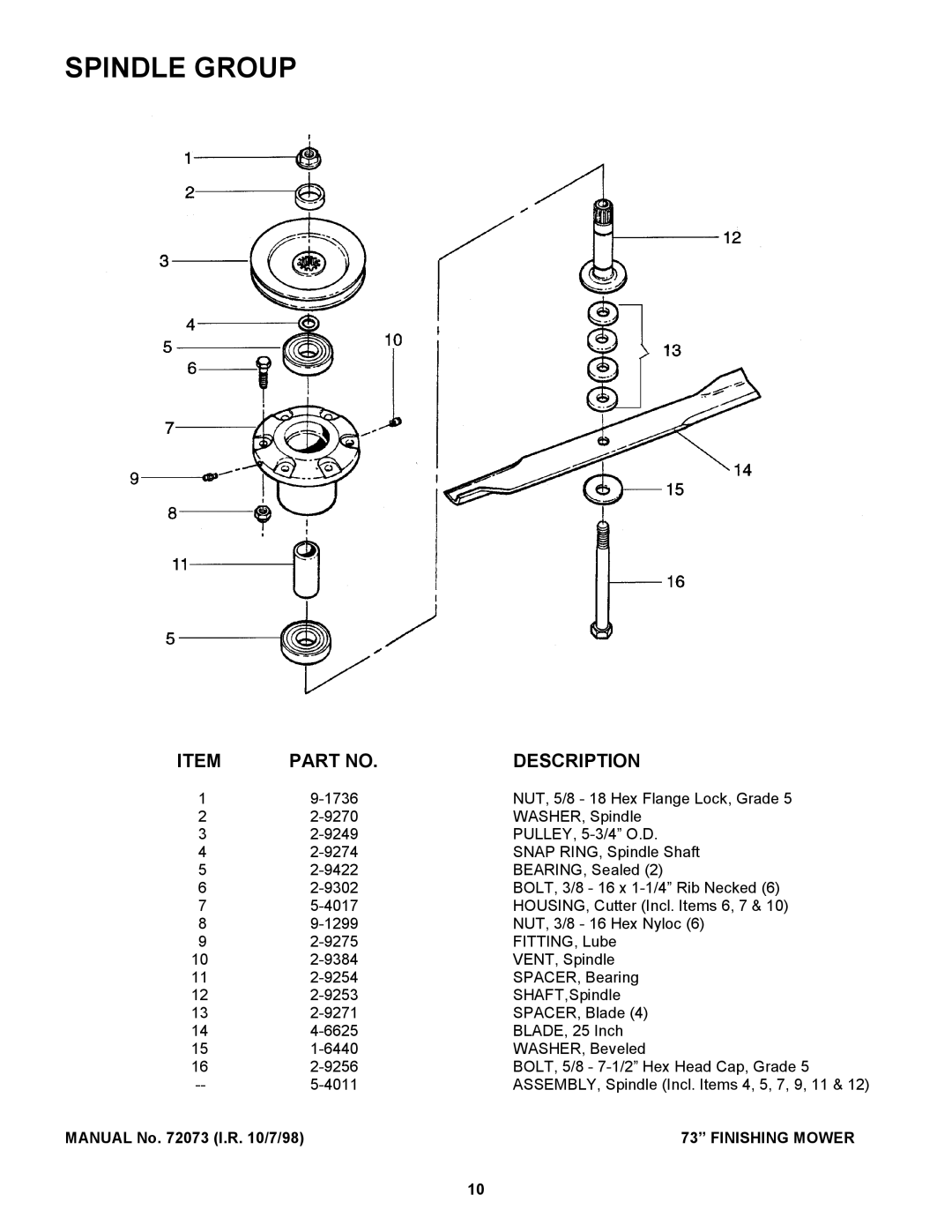 Snapper Finishing Mower manual Spindle Group 