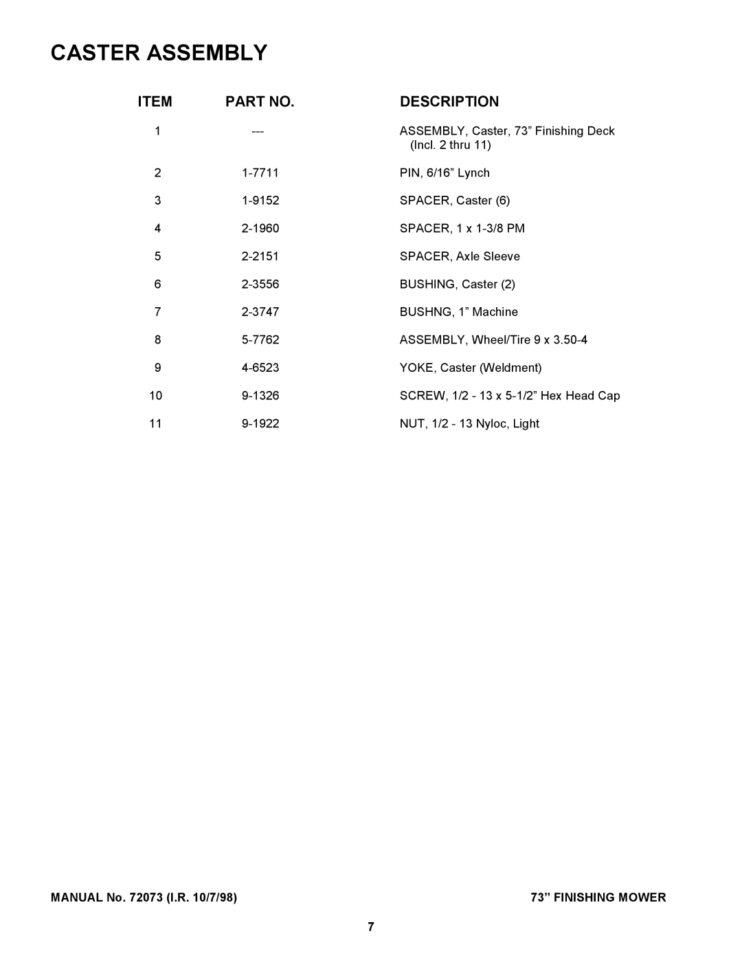 Snapper Finishing Mower manual ASSEMBLY, Caster, 73 Finishing Deck 