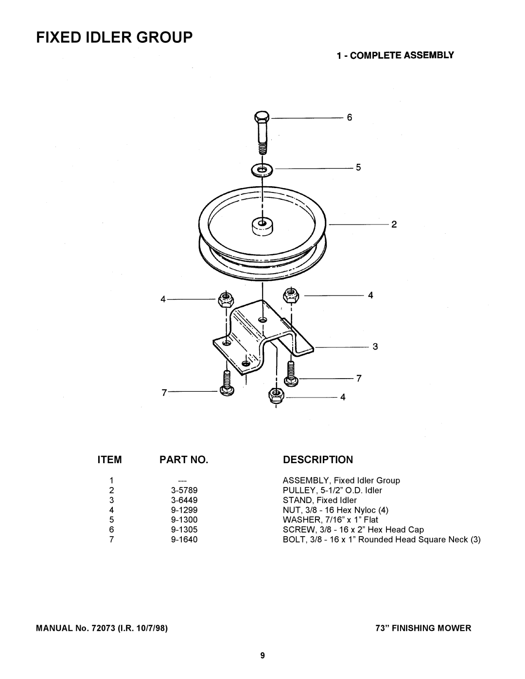 Snapper Finishing Mower manual Fixed Idler Group 