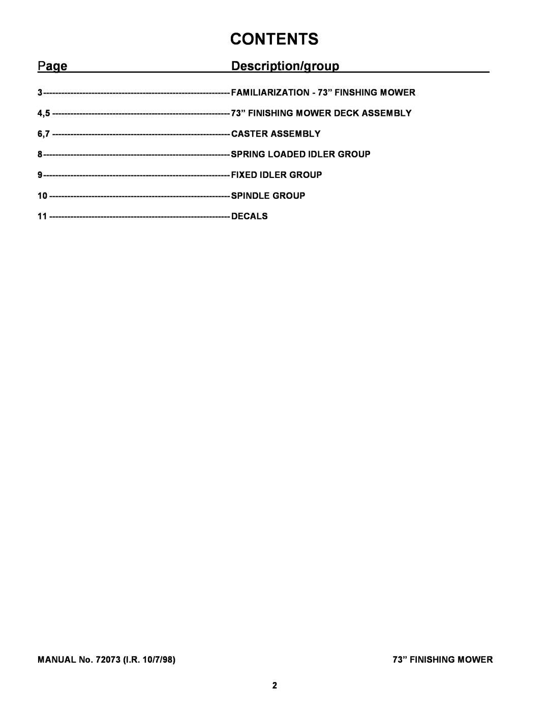 Snapper Finishing Mower manual Contents, Page, Description/group 