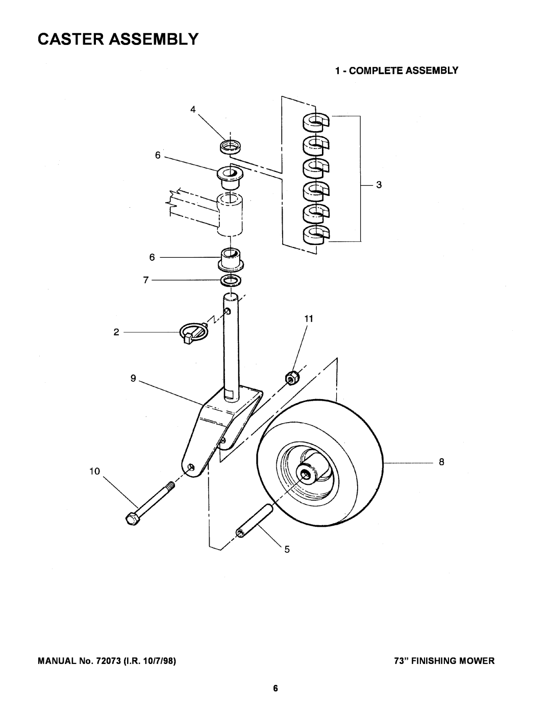 Snapper Finishing Mower manual Caster Assembly, MANUAL No. 72073 I.R. 10/7/98, 73” FINISHING MOWER 