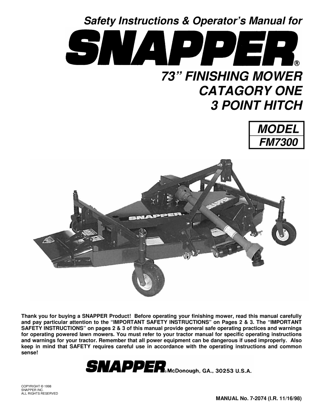 Snapper FM7300 important safety instructions Finishing Mower Catagory ONE 3 Point Hitch, Manual No -2074 I.R /16/98 