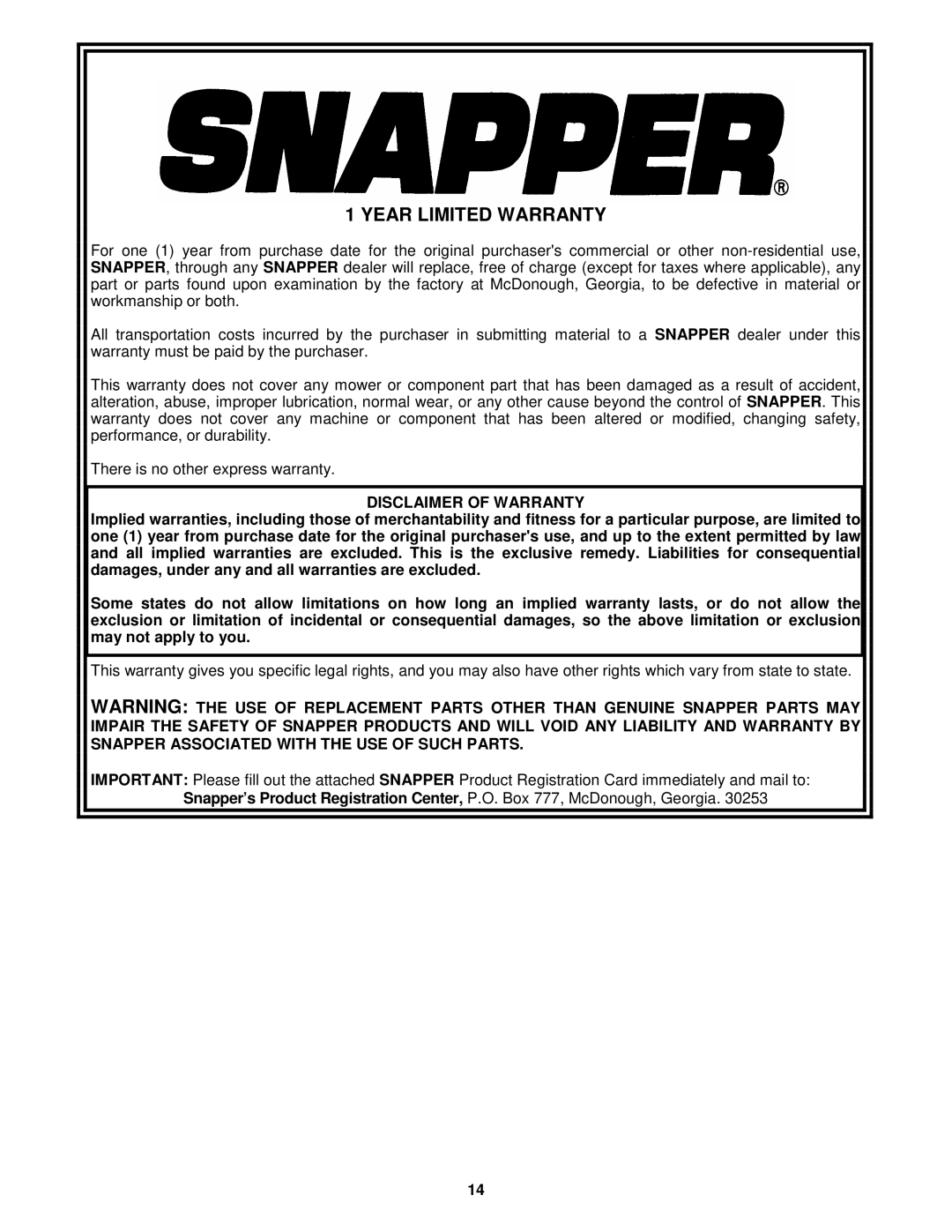 Snapper FM7300 important safety instructions Year Limited Warranty, Disclaimer of Warranty 