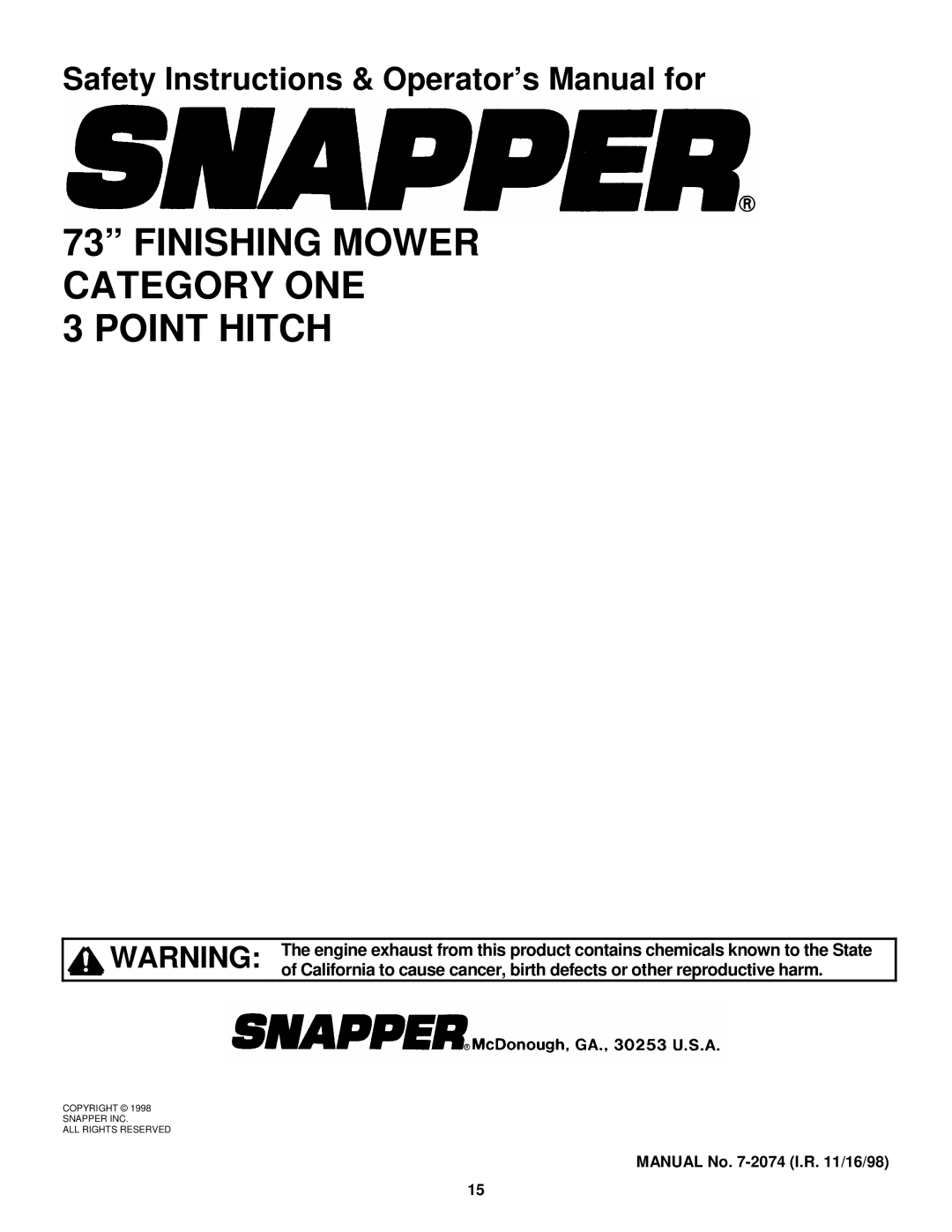 Snapper FM7300 important safety instructions Finishing Mower Category ONE Point Hitch 