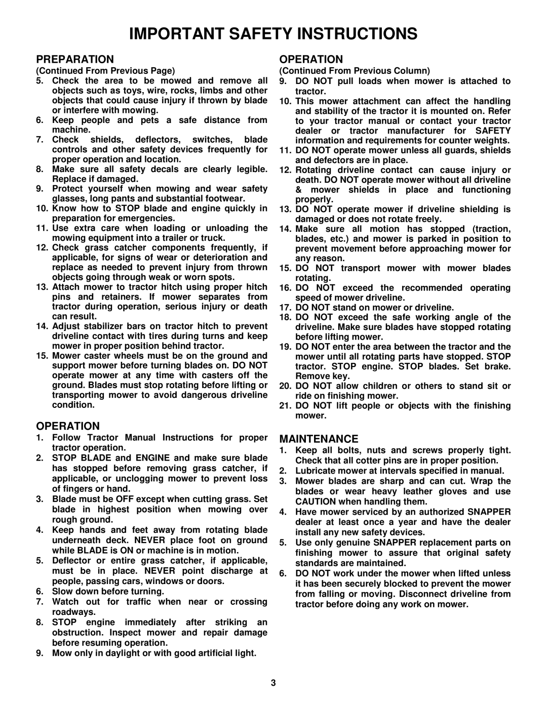 Snapper FM7300 important safety instructions Operation, Maintenance 