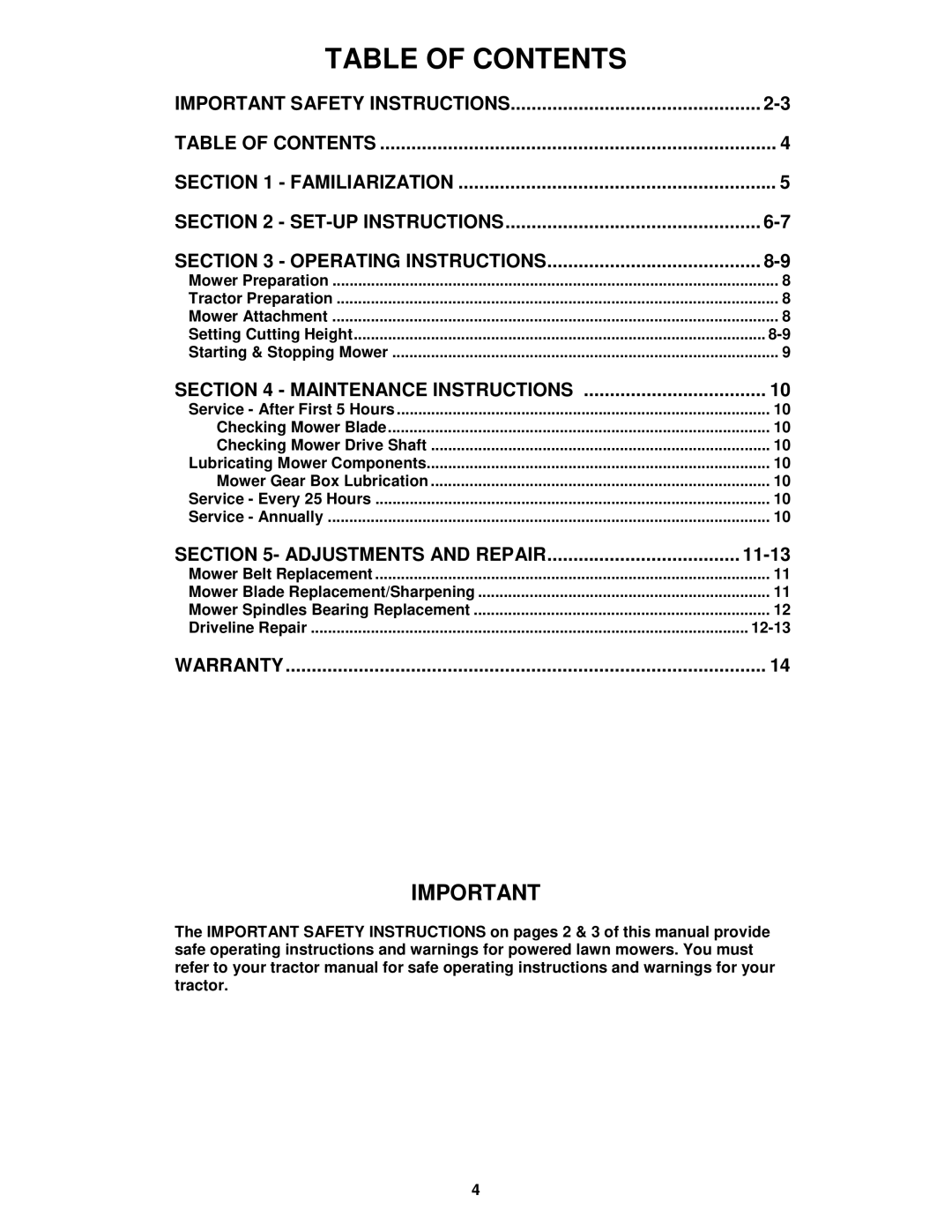 Snapper FM7300 important safety instructions Table of Contents 