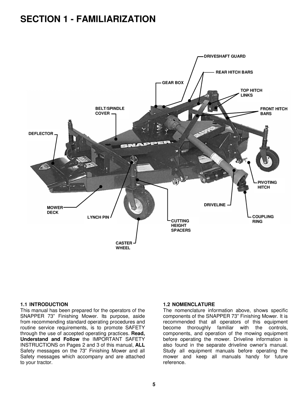 Snapper FM7300 important safety instructions Familiarization, Introduction, Nomenclature 