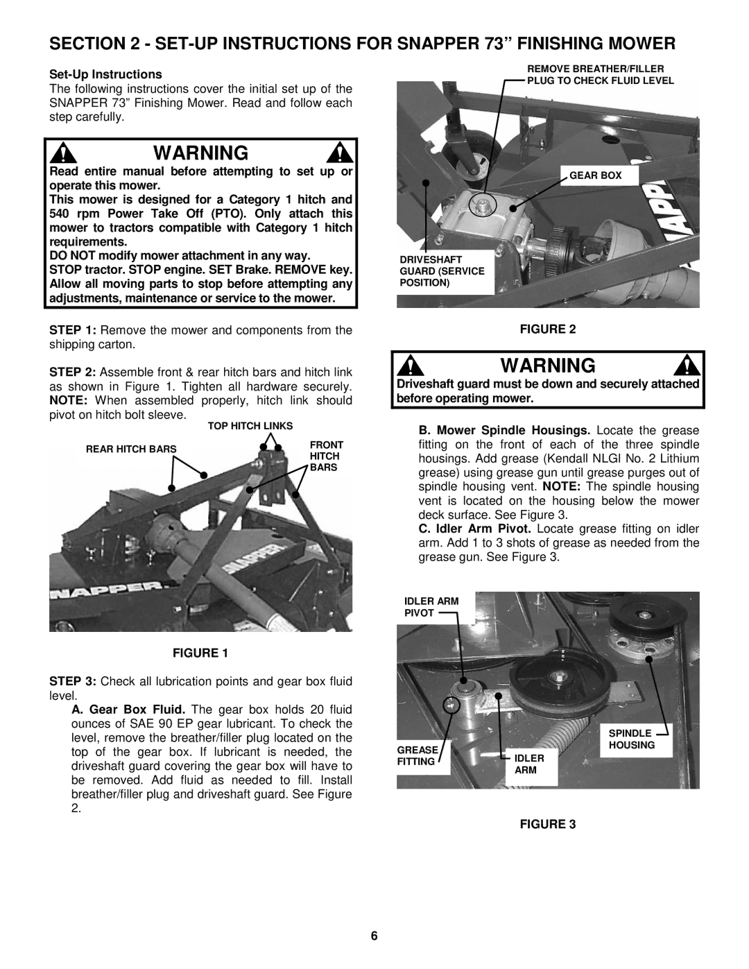 Snapper FM7300 important safety instructions SET-UP Instructions for Snapper 73 Finishing Mower, Set-Up Instructions 