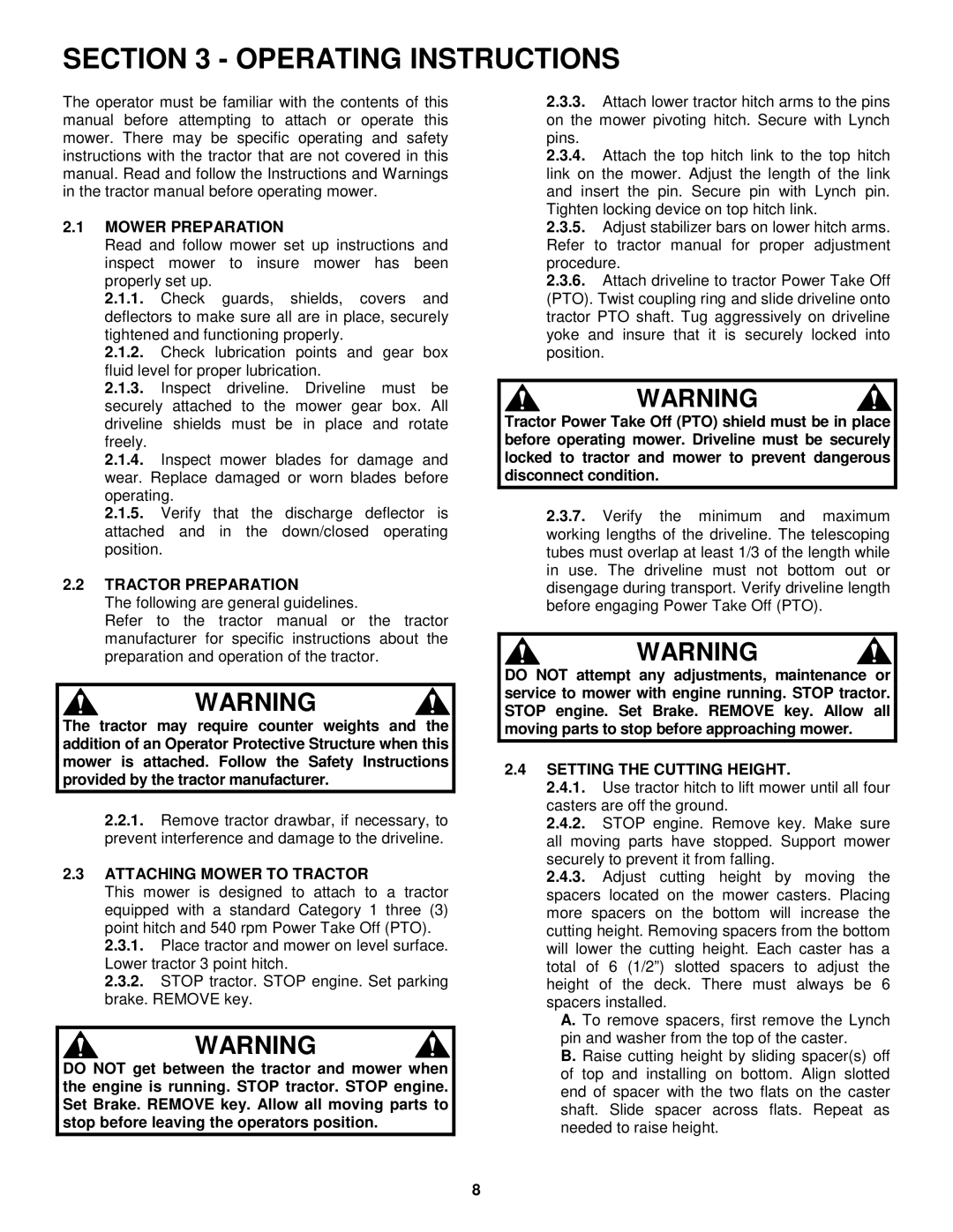 Snapper FM7300 Operating Instructions, Mower Preparation, Tractor Preparation, Attaching Mower to Tractor 