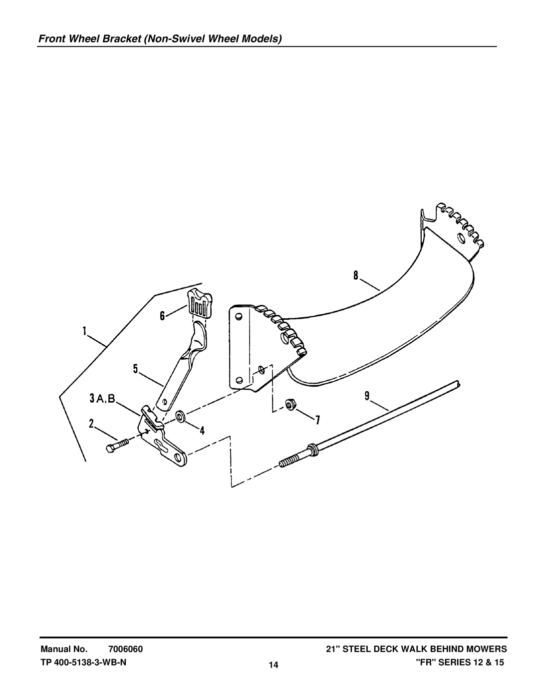 Snapper FRP216012E, FRPS216015E, NFRP216012E, NFRP216012E manual Front Wheel Bracket Non-Swivel Wheel Models 