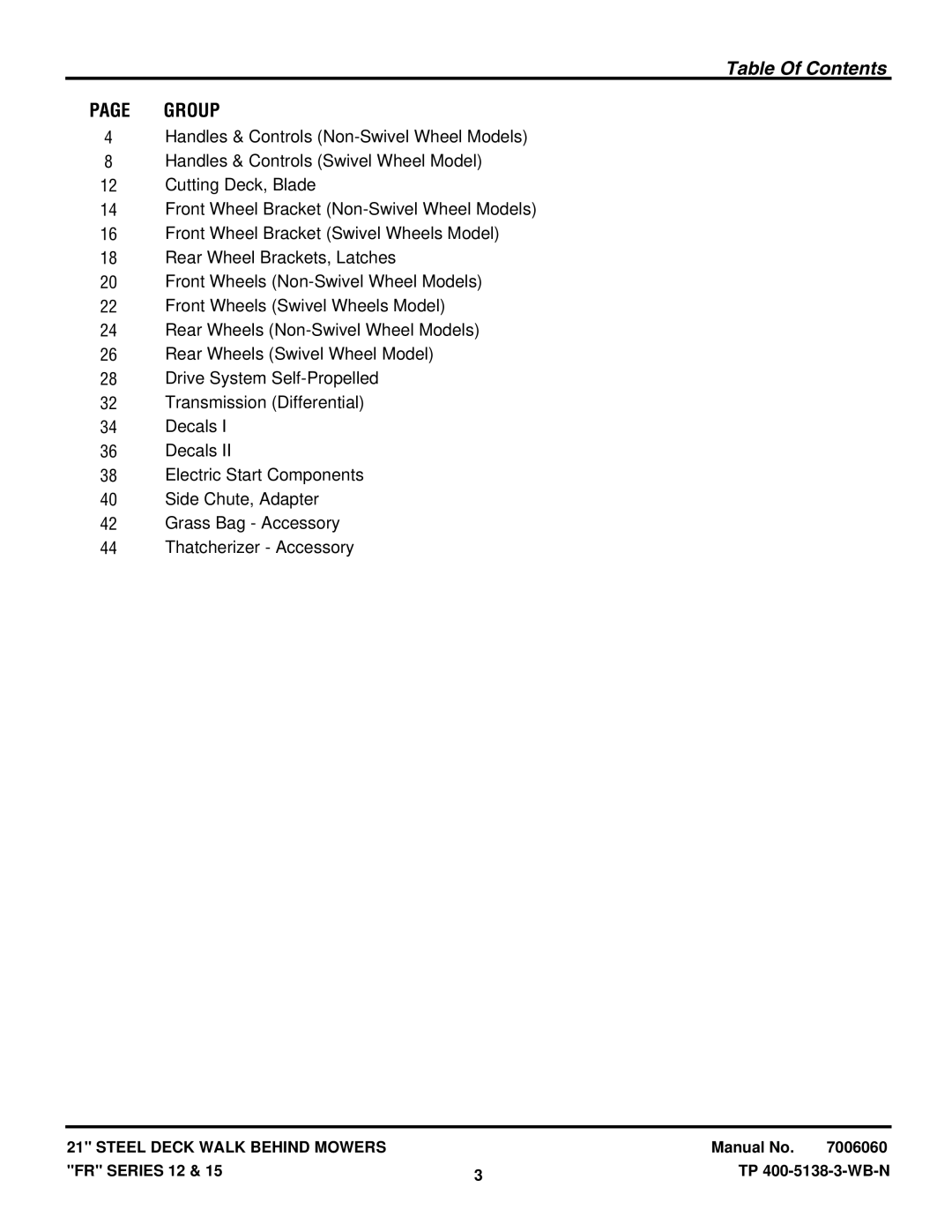 Snapper FRP216012E, FRPS216015E, NFRP216012E, NFRP216012E manual Table Of Contents 