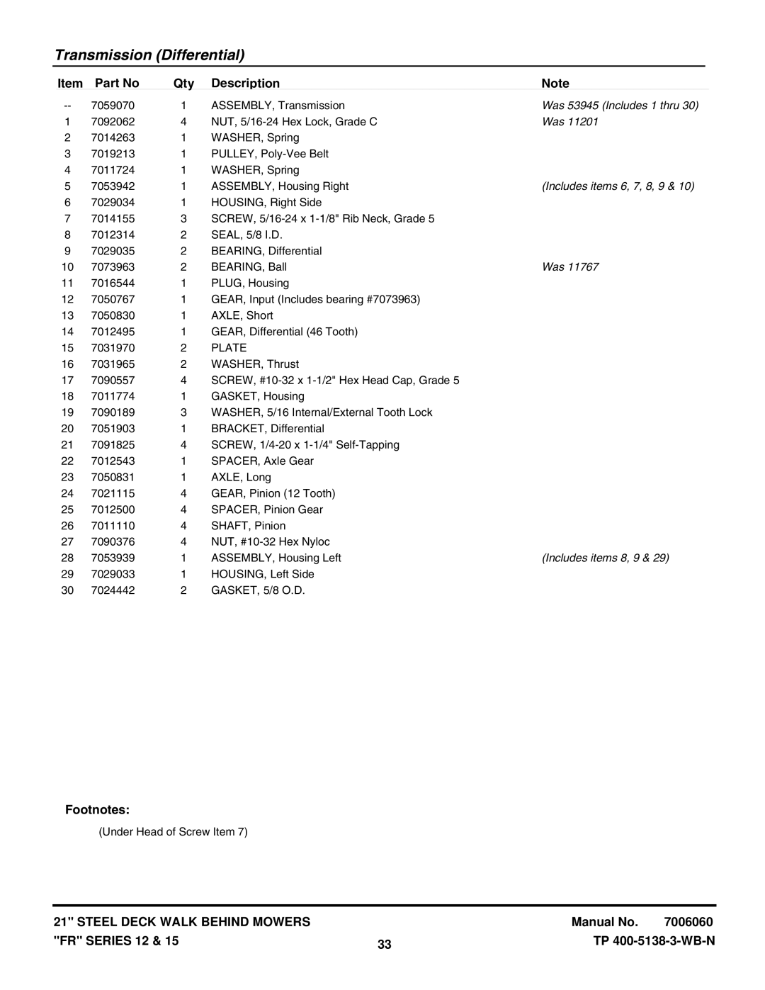 Snapper FRP216012E, FRPS216015E, NFRP216012E, NFRP216012E manual Was 53945 Includes 1 thru, Includes items 6, 7, 8, 9 