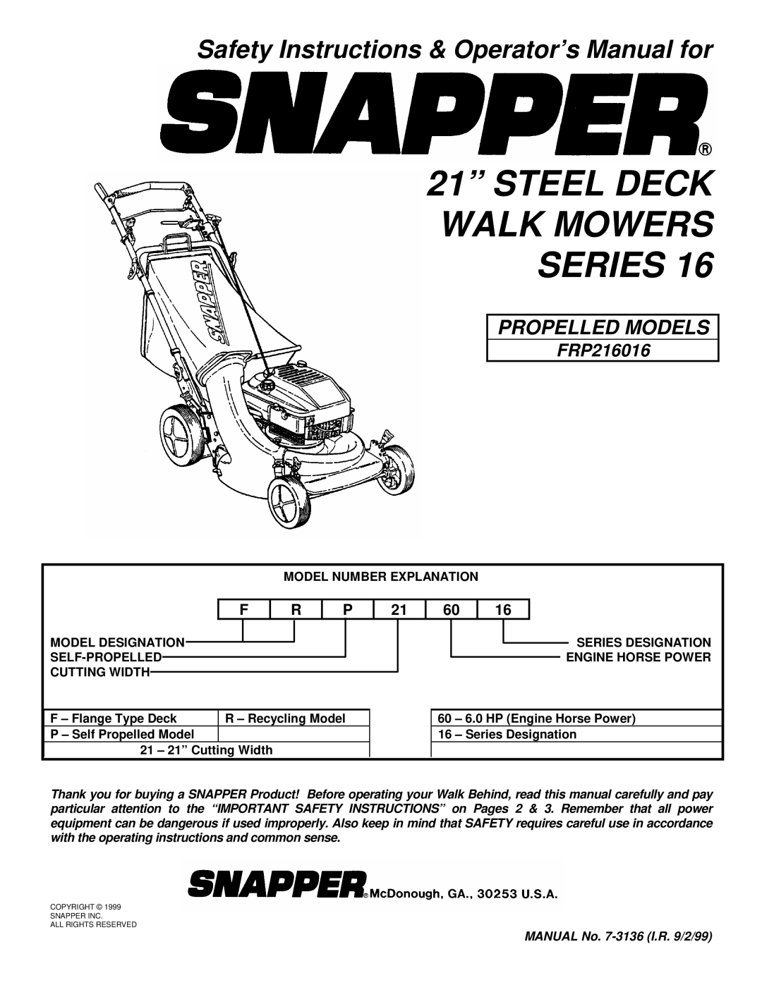 Snapper FRP216016 important safety instructions Steel Deck Walk Mowers Series 