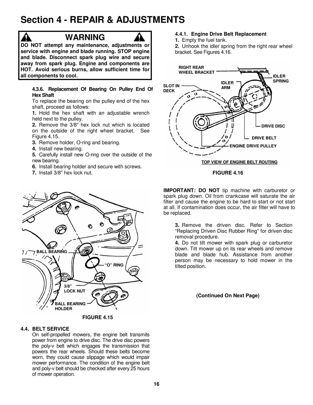 Snapper FRP216016 important safety instructions Belt Service, On Next 