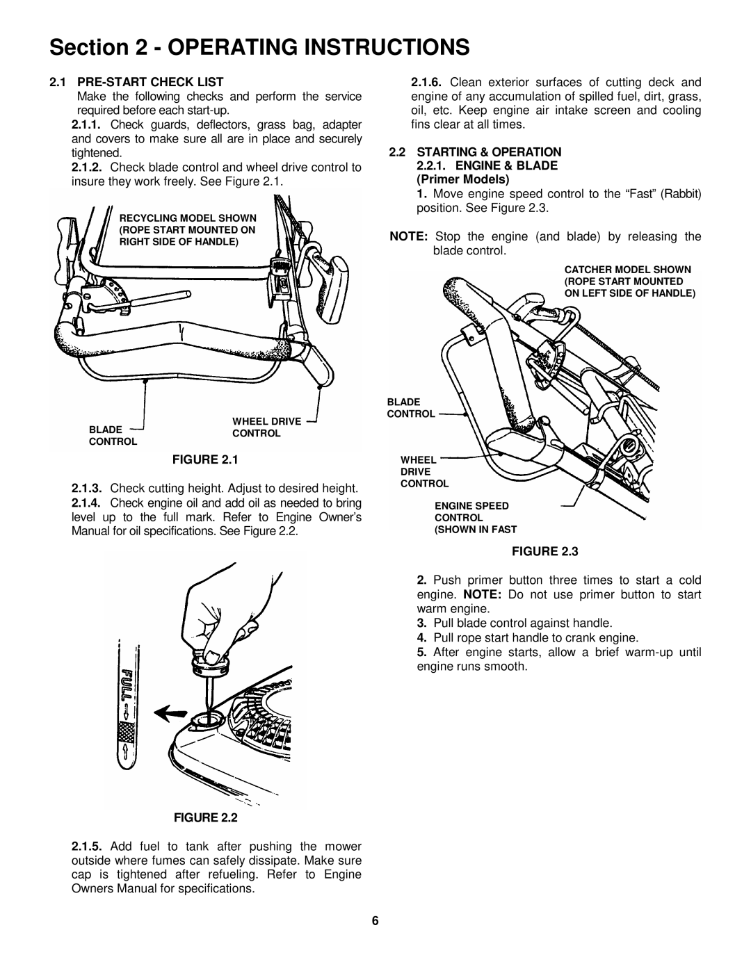 Snapper FRP216016 PRE-START Check List, Starting & Operation 2.2.1. Engine & Blade, Primer Models 